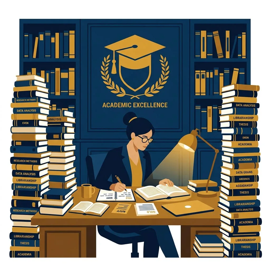 Graduate researcher studying stacks of library books under glowing light